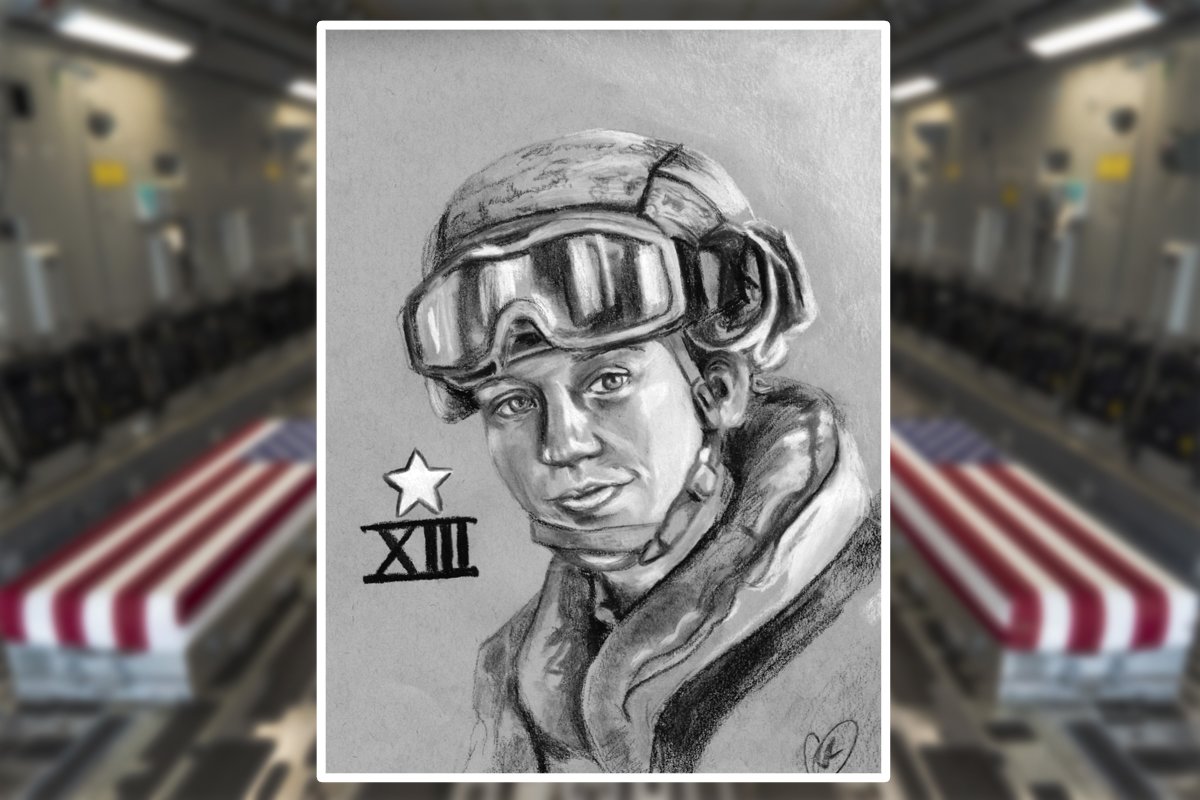 Charcoal portrait by artist Clare Rainone of Marine Sgt. Nicole Gee, one of 13 Americans killed in the suicide bombing at Hamid Karzai International Airport in August 2021. Photo courtesy of Clare Rainone. Composite by Coffee or Die Magazine.