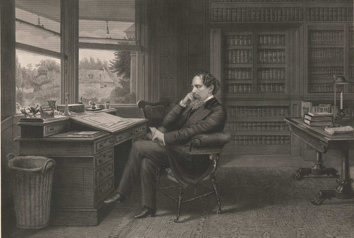 “Charles Dickens in his study at Gadshill,” an engraving by Samuel Hollyer, c1875, now in the Library of Congress.