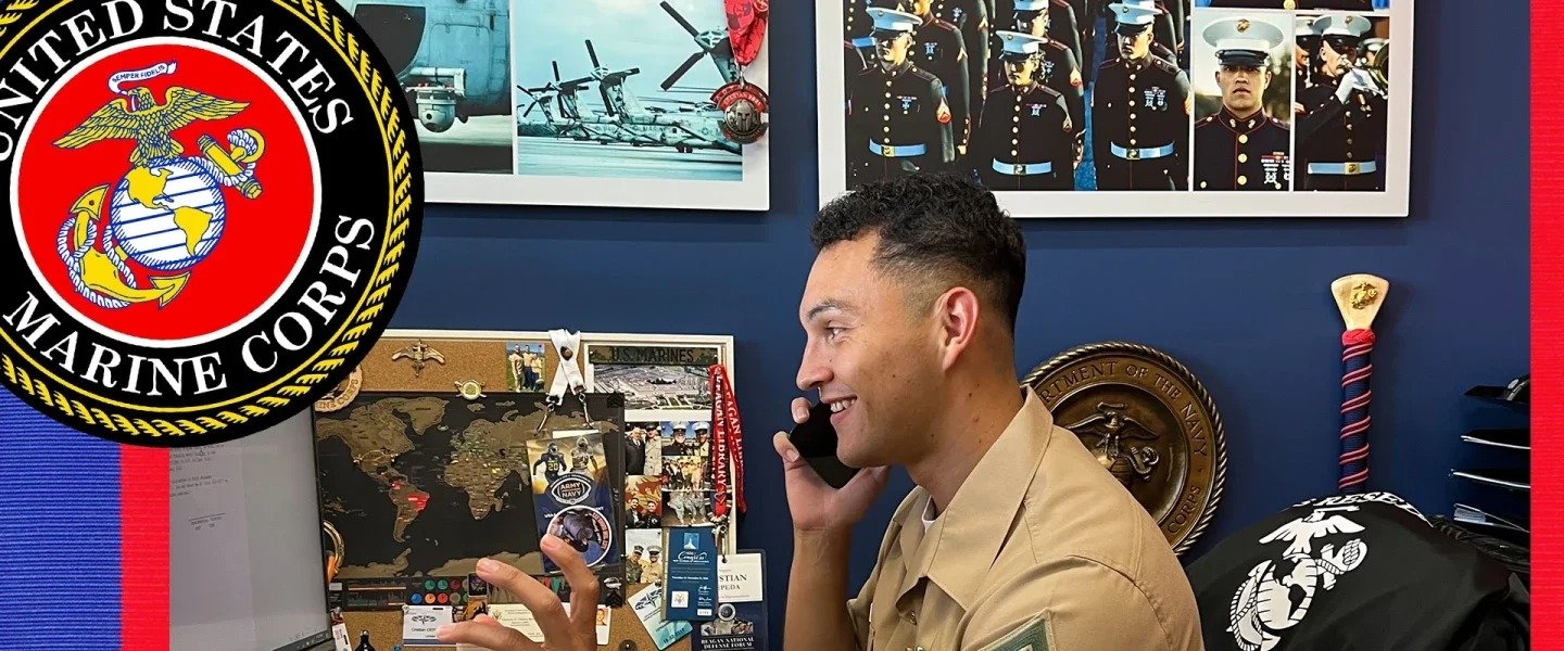 Staff Sgt. Cristian Cepeda speaks with a prospect at Marine Corps Recruiting Sub-Station Reseda, California. Marines in the office make at least 50 calls per day and must find five recruits per month. Photo by Tom Wyatt/Coffee or Die Magazine. Composite by Coffee or Die Magazine.