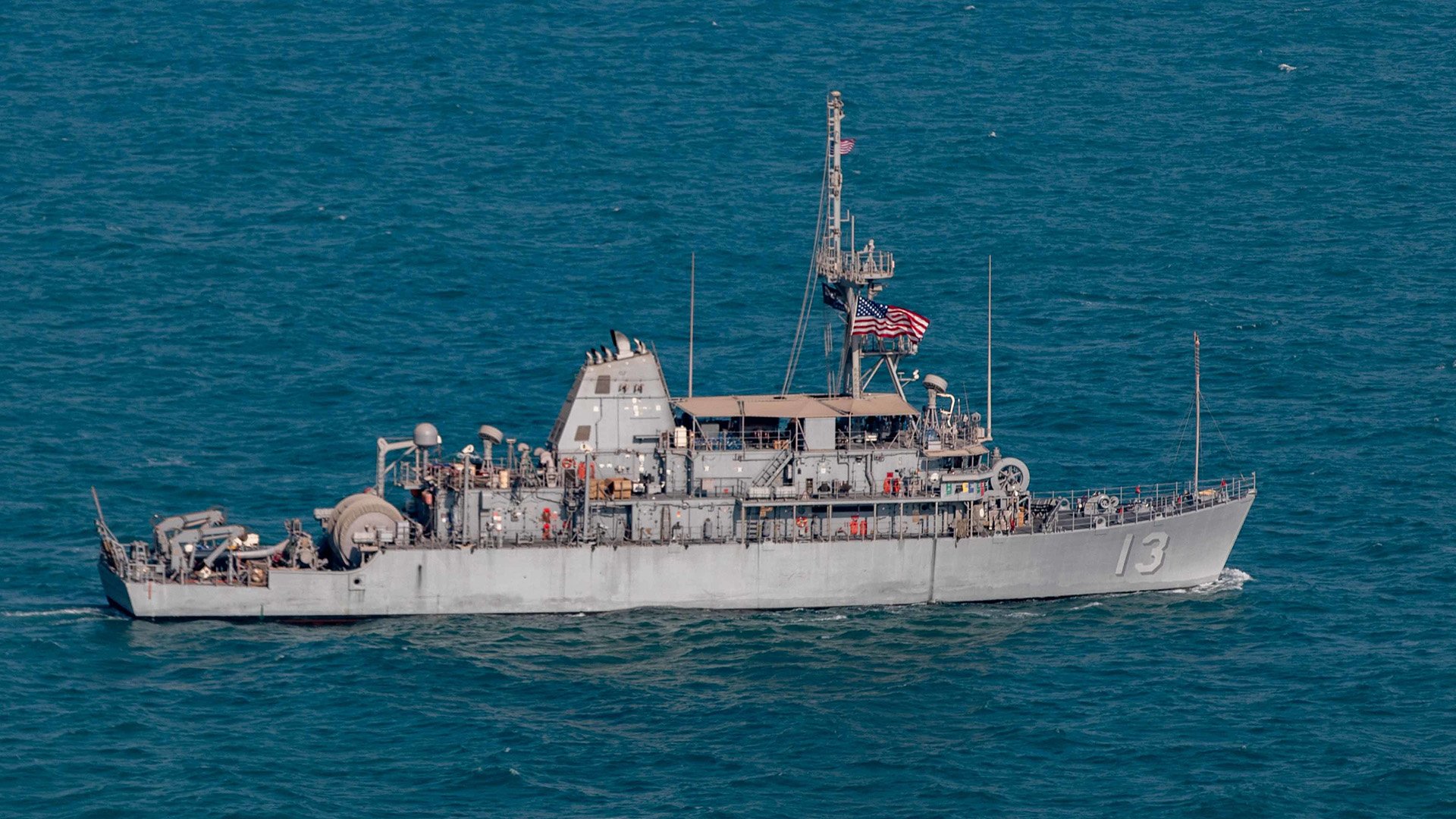 US Navy mine countermeasures ship Dextrous (MCM 13) sails the Persian Gulf on Dec. 11, 2022. Officials said that Dextrous,an Avenger-class minesweeper, patrolled alongside unnamed vessels from Kuwait and Iraq. US Army photo by Spc. Aaron Troutman.
