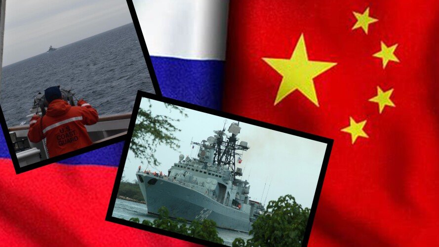 The Chinese-Russian surface action group spotted Sept. 19, 2022, by the US Coast Guard cutter Kimball north of Alaska’s Rat Islands in the Bering Sea included a Chinese guided-missile cruiser and an escort frigate; a Chinese oiler; a Russian guided-missile destroyer; and three Russian frigates. Coffee or Die Magazine composite.