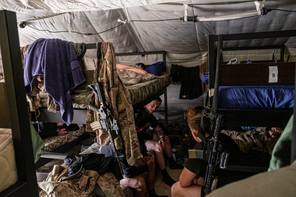 1-24's snipers and members of Barbarian Company's Scout Platoon in their tent at Erbil Airport. Photo by Kevin Knodell/Coffee or Die.