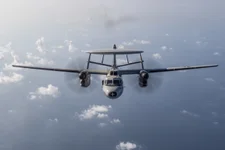 A Navy E-2D Hawkeye crashed off the coast of Virginia late Wednesday, March 30, 2022, killing one sailor and wounding two others. US Navy photo by Mass Communication Specialist 3rd Class Elliot Schaudt.