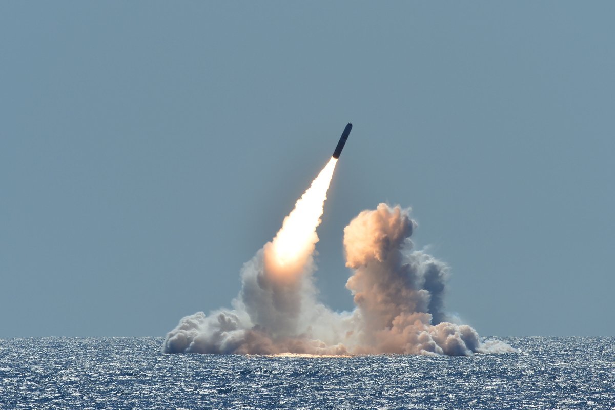 An unarmed Trident II D5 missile launches from the Ohio-class ballistic missile submarine Nebraska off the coast of California on March 26, 2008. US Navy photo by Mass Communication Specialist 1st Class Ronald Gutridge.