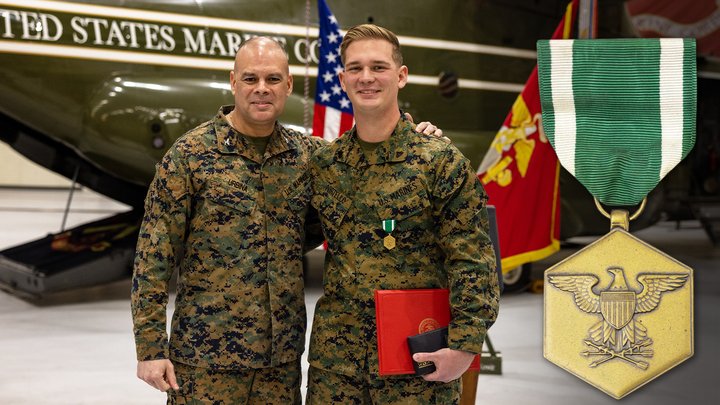 On Dec. 15, 2022, at Marine Corps Base Quantico in Virginia, US Marine Corps Cpl. Chase Portello (right) received the Navy and Marine Corps Achievement Medal for helping to save the life of Col. Carlos Urbina (right). Coffee or Die Magazine composite by Kenna Lee.