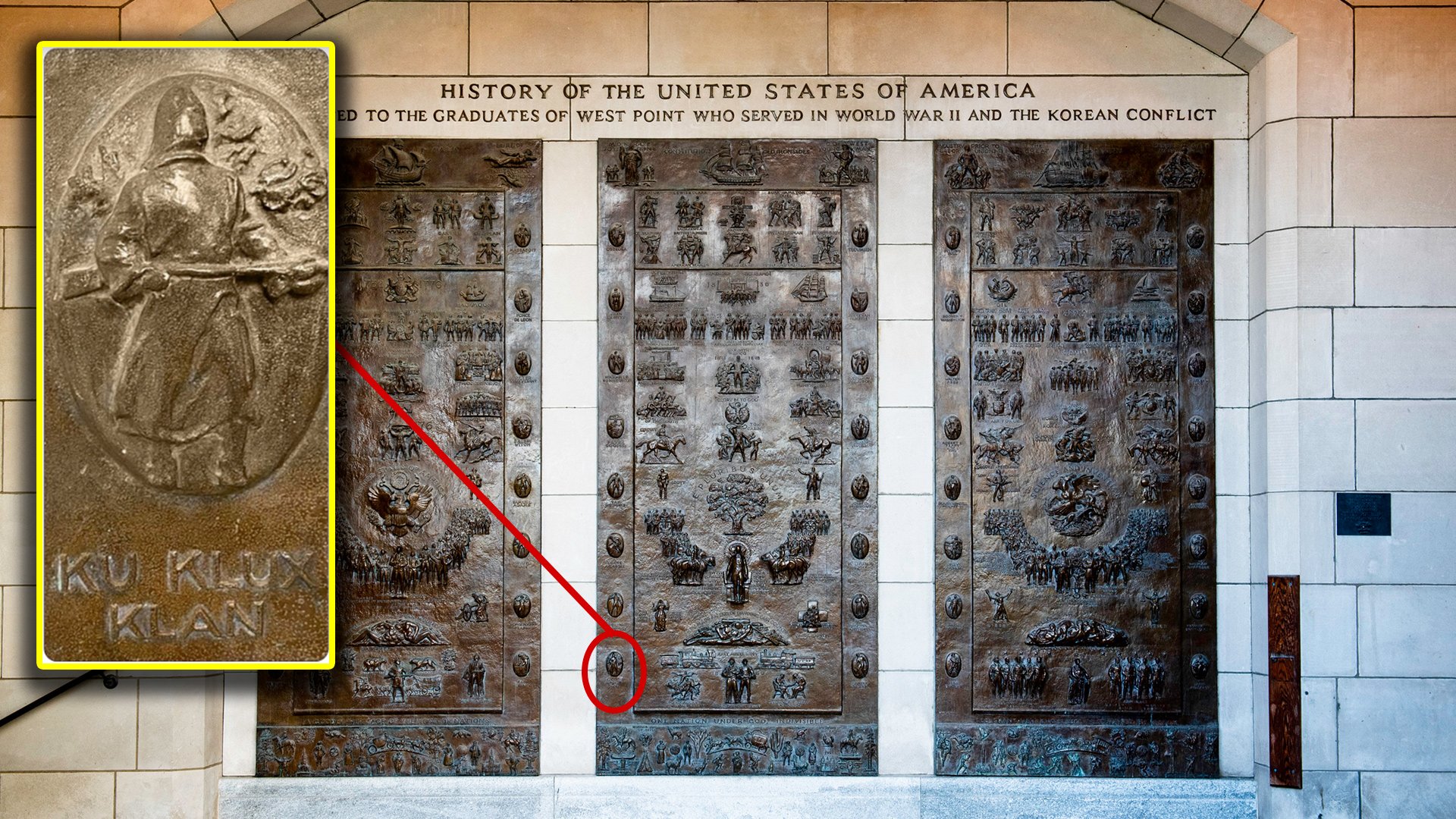 Context emerged August 31 behind the image of a Klansman icon on a plaque outside a science and engineering building at the US Military Academy, or West Point. Picture of mural courtesy West Point, klan image from federal Naming Committee.