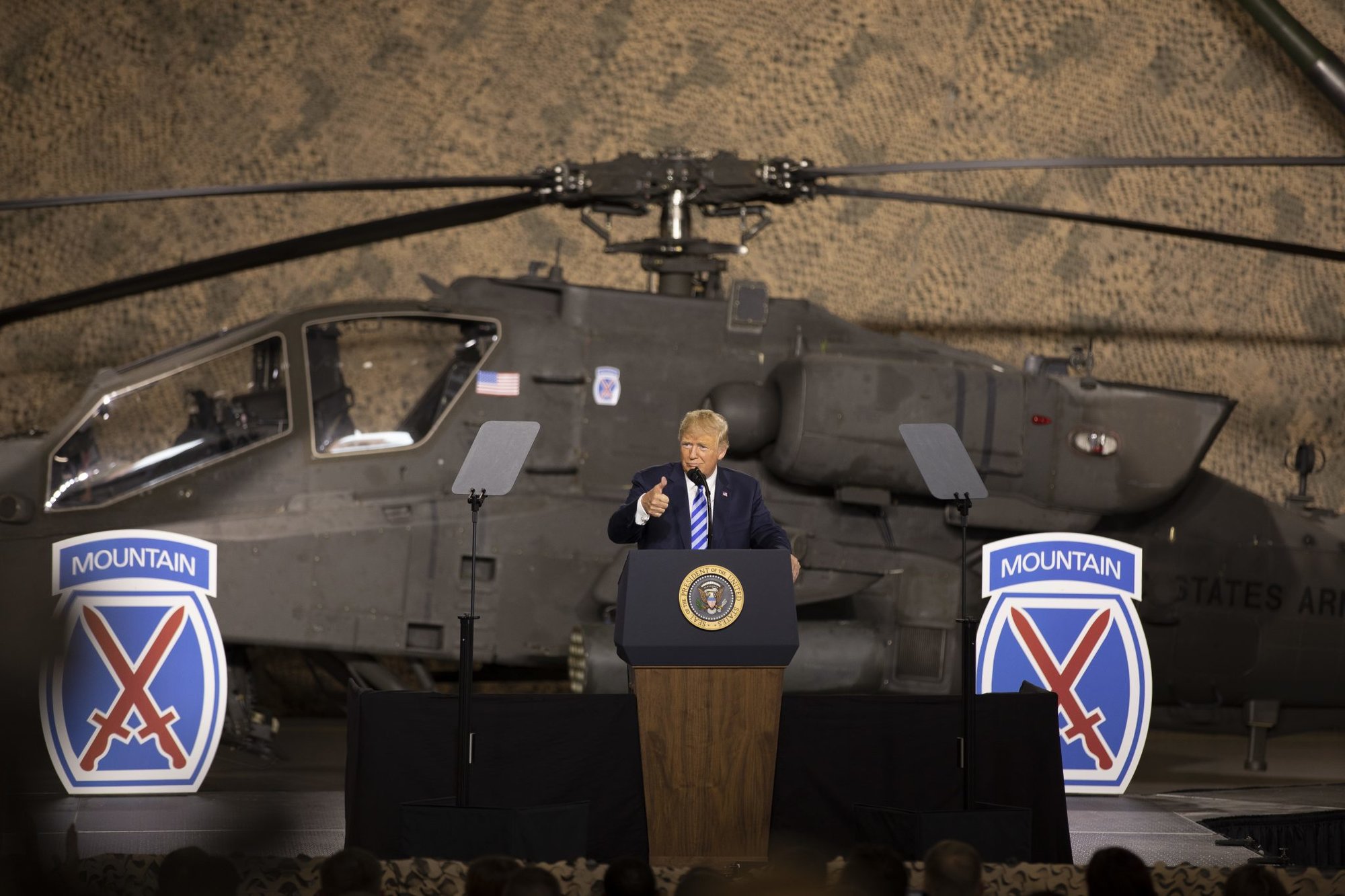 President Donald J. Trump speaks to 10th Mountain Division (LI) Soldiers before signing the National Defense Authorization Act of 2019 on 13 August 2018 at Fort Drum, N.Y. The act authorizes a budget that supports the Army’s Vision, resources our modernization initiatives and priorities, allows us to continue to increase the readiness and lethality of the force, and postures the Army to meet
the requirements of the National Defense Strategy.