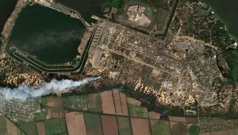 A satellite image shows fires burning at the Zaporizhzhia nuclear power plant. Photo by European Union, Copernicus Sentinel-2 imagery via Energoatom Telegram Channel.