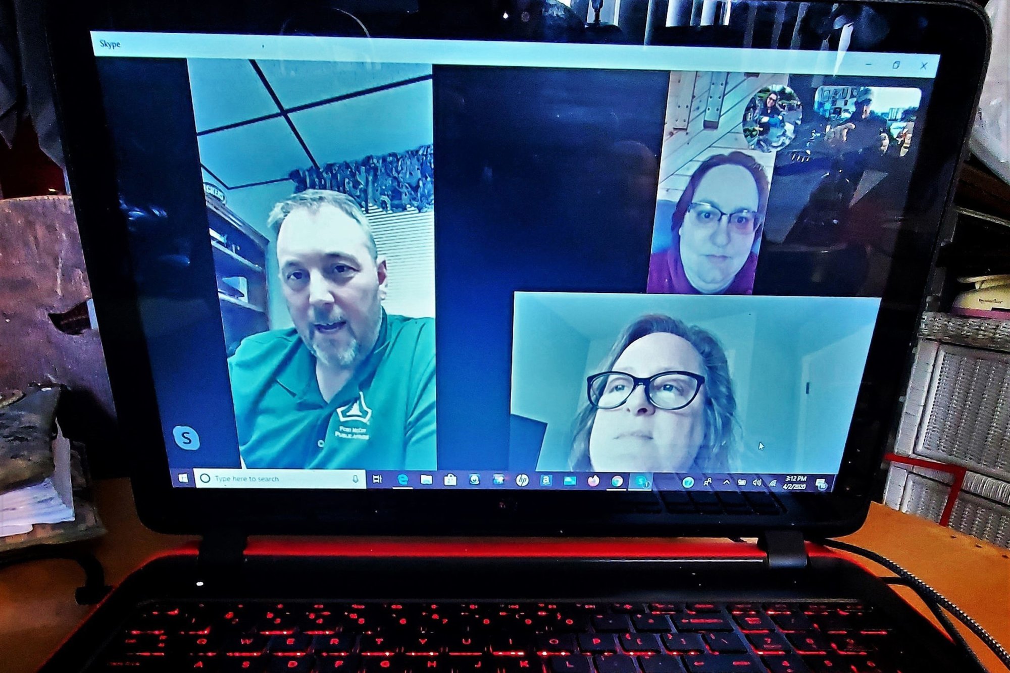 Army employees from Fort McCoy, Wis., holding an April 14, 2020, video teleconference as they telework during the COVID-19 pandemic illustrate that facetime doesn’t necessarily mean that everyone is in the same location. Graphic illustration by Scott Sturkol, DOD.