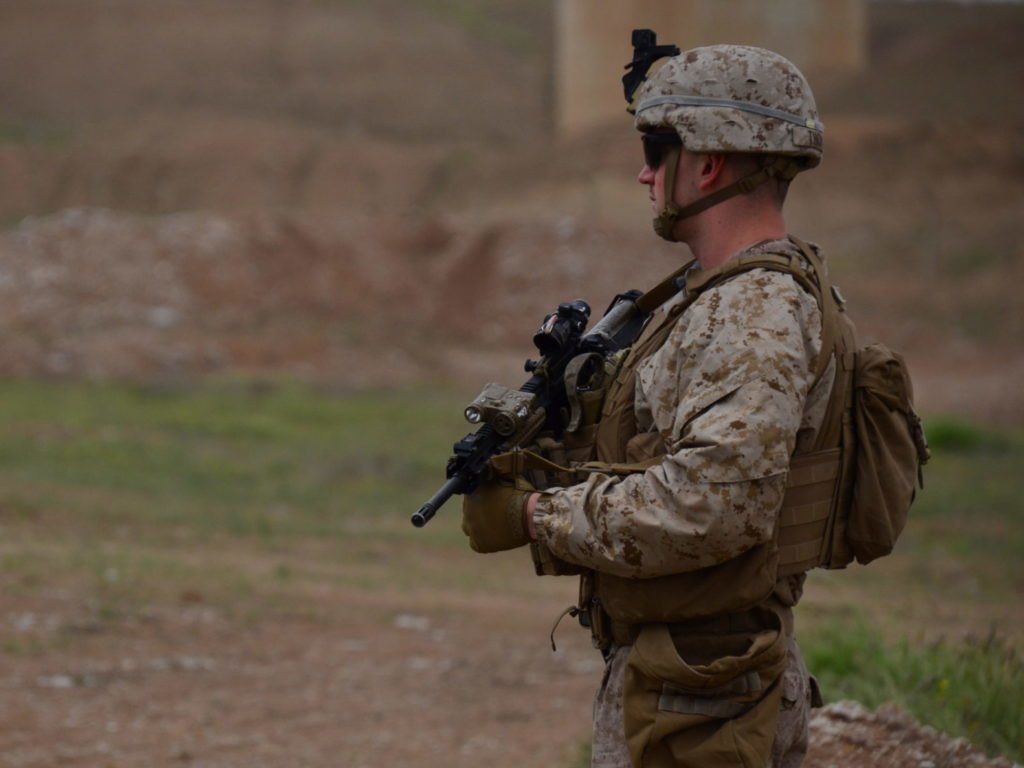 Sgt. Tyler Thomas leads Marines on a perimeter patrol near Al Taqaddum Airbase. Photo by Kevin Knodell/Coffee or Die.