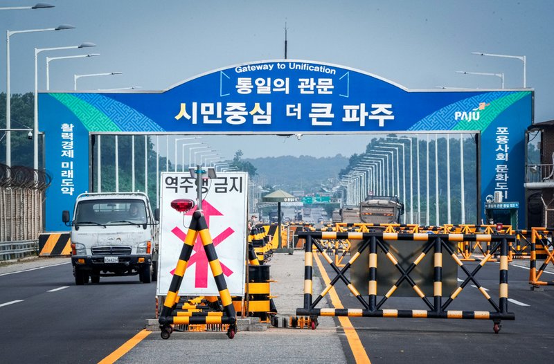 Barricades are placed near the Unification Bridge, which leads to the Panmunjom in the Demilitarized Zone in Paju, South Korea.