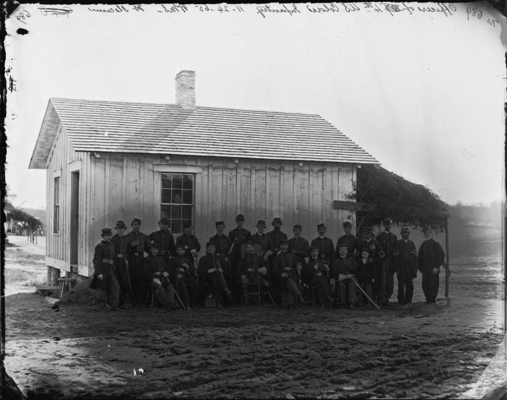In this photograph, taken in 1865, Christian Fleetwood (fourth from the right) stands alongside the officers of the 4th USCT. Fleetwood can be seen wearing his Medal of Honor. Library of Congress