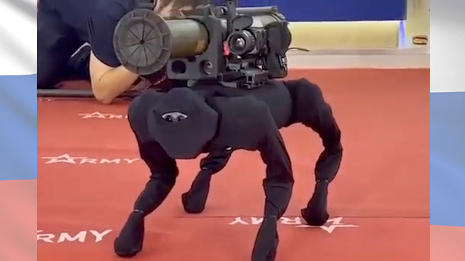 A robot “dog” carrying a rocket-propelled-grenade launcher was a breakout star of the first day of the Russian ARMY 2022 trade show in Moscow, which is often a showcase for new Russian technology and weapons. But internet sleuths soon found that the “dog” was a Chinese toylike model with a battery life of about one hour. Screenshot via Twitter video.