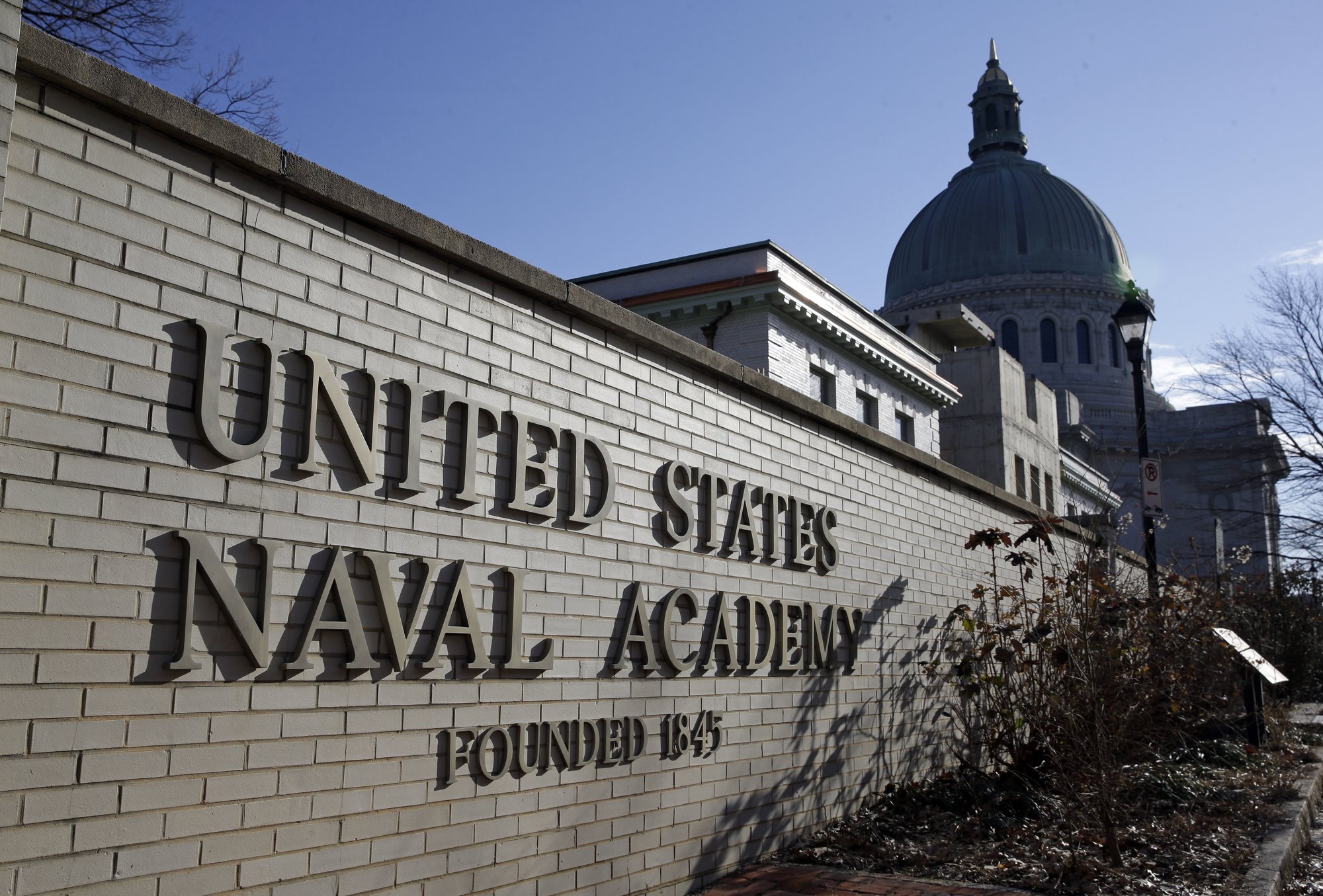 An entrance to the U.S. Naval Academy campus in Annapolis, Md., is seen Jan. 9, 2014. Reported sexual assaults at the U.S. military academies shot up during the 2021-22 school year, and one in five female students surveyed said they experienced unwanted sexual contact, the Associated Press has learned. AP photo by Patrick Semansky, File.