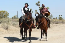 Andrew Hernandez and Juston Graber ride real, live horses for a Western-themed video for their streaming app A Combat Veteran. They plan to release it later in 2021. Photo by Zak Lara.