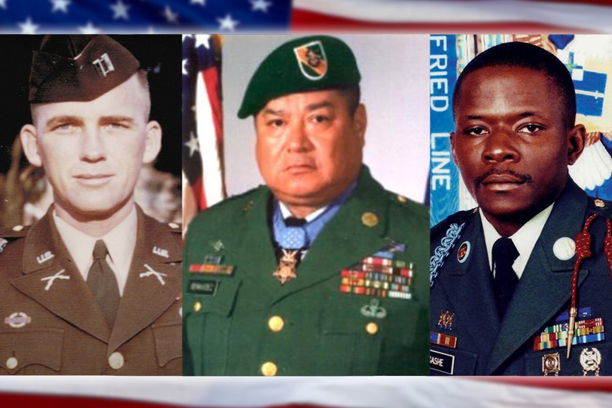 From left, Medal of Honor recipients Col. Ralph Puckett, Master Sgt. Roy Benavidez, and Sgt. 1st Class Alwyn Cashe are among the 87 people whose names have been floated as possible replacements for several Army installations currently named after members of the Confederacy. Composite by Coffee or Die Magazine.