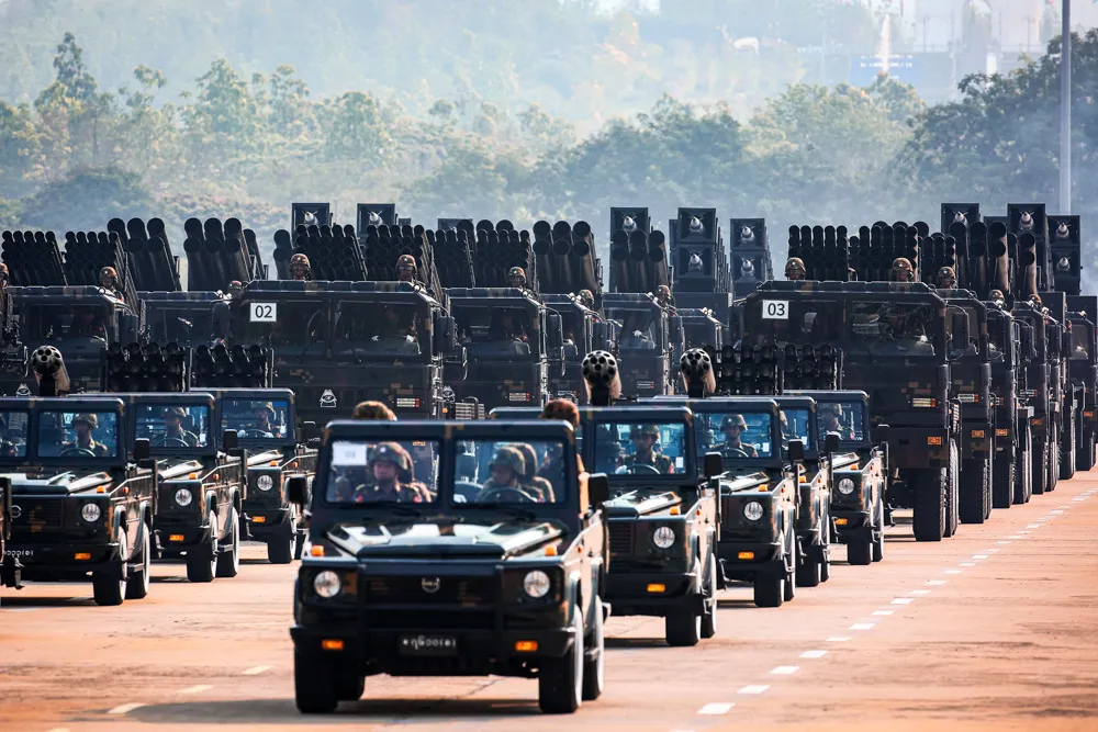 Myanmar military officers leave the venue during a parade to commemorate Myanmar's 78th Armed Forces Day in Naypyitaw, Myanmar.