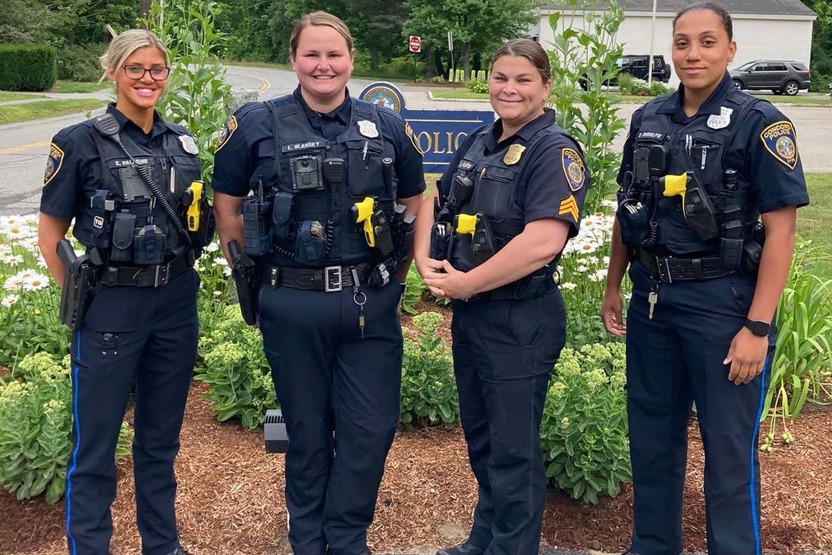 On July 8-9, 2022, the Concord Police Department made history when an all-woman shift kept the peace in the Massachusetts town. Before, there always had been at least one male officer on duty in the community. From left: Officer Cara Paladino, Officer Leah Olansky, Sgt. Tia Manchuso, and Officer Brianna Rudolph. Concord Police Department photo.