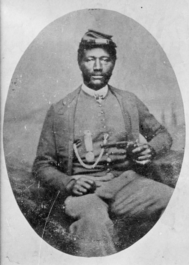 James H. Harris, Medal of Honor recipient. Harris won the medal for his actions fighting for the Union Army in the Battle of Chaffin's Farm during the American Civil War. Harris was born and raised in St. Mary's County, Maryland. This photograph was part of the material prepared by W.E.B. Du Bois for the Negro Exhibit of the American Section at the Paris Exposition Universelle in 1900 to show the economic and social progress of African Americans since emancipation.