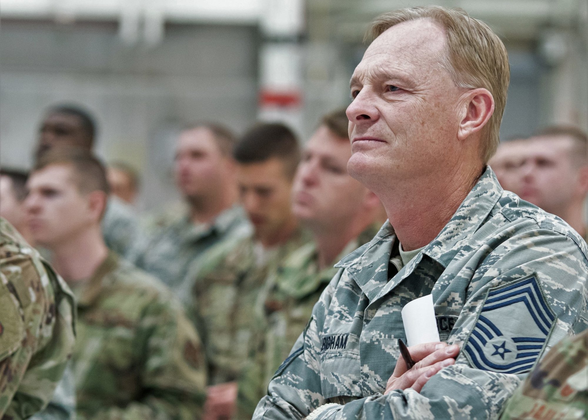 Chief Master Sgt. John Bigham, a Missouri Air National Guard maintenance superintendent with the 139th Airlift Wing, listens to a speaker during a “Resilience Tactical Pause” day at Rosecrans Air National Guard Base, St. Joseph, Missouri. The event was focused on personal resiliency and suicide prevention. The Department of Defense’s 2019 Annual Suicide Report indicates suicide rates in the National Guard are lower, but more must be done to address the problem, insist senior National Guard officials. Photo by Tech. Sgt. Patrick Evenson
