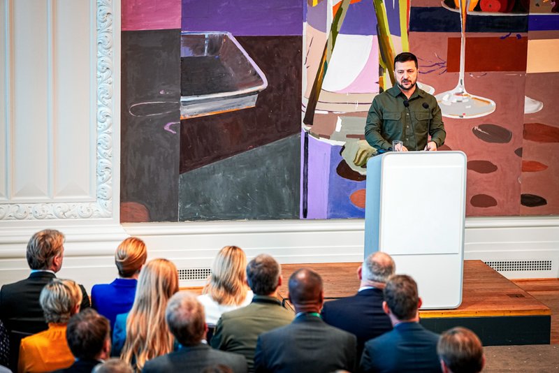 Ukraine's President Volodymyr Zelenskyy speaks at the Danish Parliament