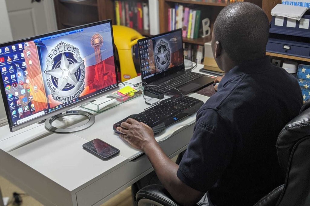 A Texas National Guard Joint Counterdrug Task Force member supports law enforcement in the fight against illicit drugs amid the COVID-19 pandemic. He is teleworking from Austin, Texas, April 14, 2020. U.S. Army National Guard courtesy photo.