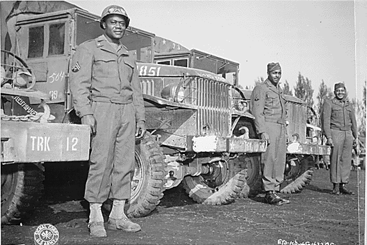 By the end of World War II in Europe, these drivers of the 666th Quartermaster Truck Company, 82nd Airborne Division, had chalked up 20,000 miles each without an accident. National Archives photo.