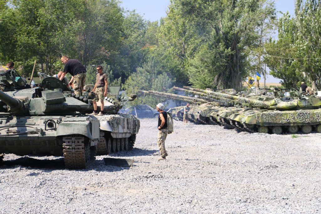Ukrainian troops based near Mariupol in the town of Urzuf. 