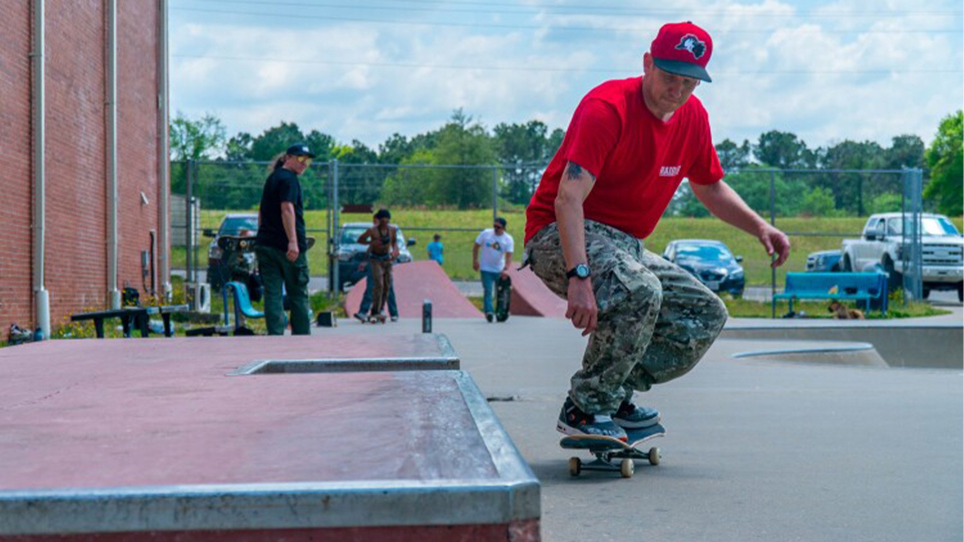 US Army Sgt. 1st Class Adam Klakowicz loads up for a nose grind in Ft. Bragg's skate park on April 23, 2022. Joshua Skovlund/Coffee or Die Magazine. 