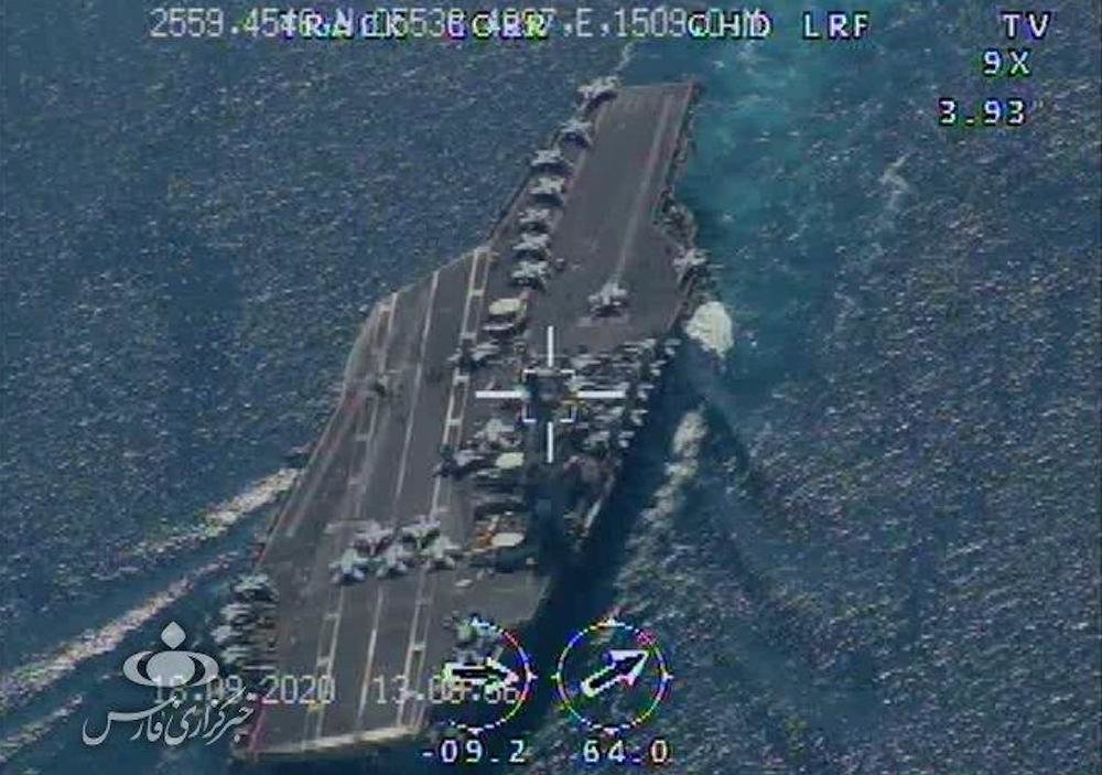A photo allegedly taken by an Iranian military drone of the USS Nimitz aircraft carrier as it passed through the Strait of Hormuz on Sept. 18. Photo by FARS News Agency via Twitter.