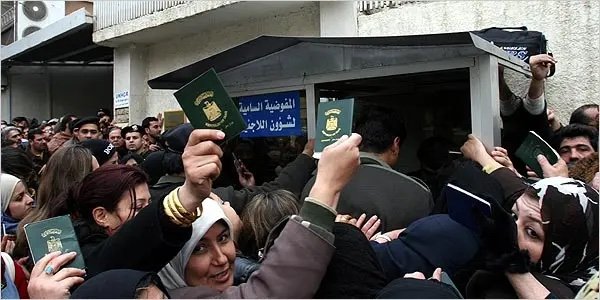 Iraqis gathered at the office of the United Nations high commissioner for refugees.