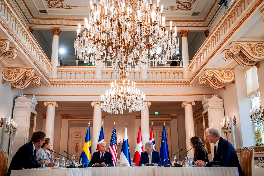 President Joe Biden speaks with Nordic leaders from left, Sweden's Prime Minister Ulf Kristersson, Denmark's Prime Minister Mette Frederiksen, Biden, Finland's President Sauli Niinisto, Iceland's Prime Minister Katrin Jakobsdottir and Norway's Prime Minister Jonas Gahr Store.