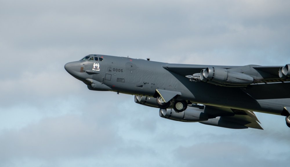 A B-52H Stratofortress bomber aircraft assigned to the 5th Bomb Wing, Minot Air Force Base, North Dakota, takes off from the flightline at RAF Fairford, England, Sept. 10, 2020. Bomber missions represent the U.S. commitment to allies and enhance regional security. U.S. Air Force photo by Airman 1st Class Jesse Jenny via DVIDS.