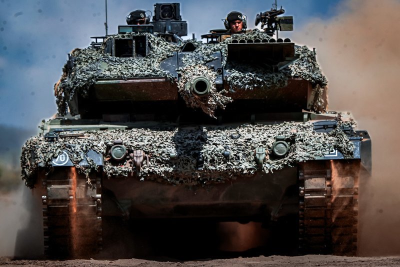 A Germany army Main battle tank Leopard 2A6 takes part in the Lithuanian-German military exercise 'Griffin Storm 2023' at a training range in Pabrade.