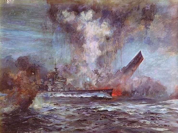 The HMS Hood sank in under a minute, dragging most of her crew down with her. There were only three survivors. Image  courtesy of J.C. Schmitz-Westerholt and the US Naval Historical Center.