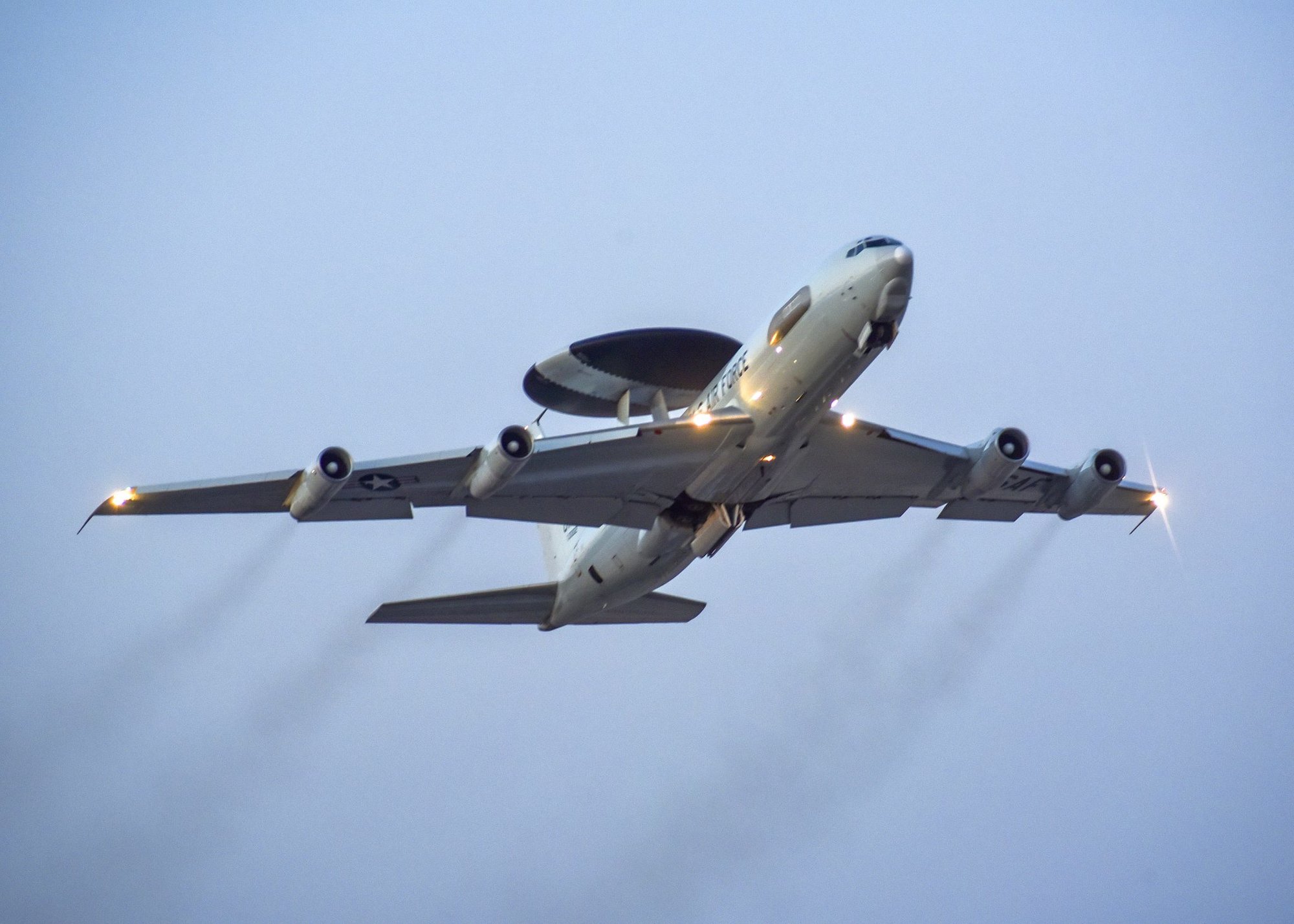 A U.S. Air Force E-3 Sentry Airborne Warning and Control System assigned to the 965th Airborne Air Control Squadron, Tinker Air Force Base, Okla., takes off from Nellis Air Force Base, Nevada, during Red Flag 17-3 June 13, 2017. The E-3 is a mobile command and control platform that provides control anywhere in the world at a moment’s notice. (U.S. Air Force photo by Senior Airman Dustin Mullen)