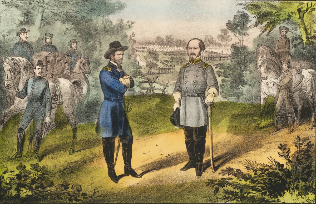 “Surrender of General Joe Johnston,” a hand-colored lithograph depicting Confederate Gen. Joseph E. Johnston surrendering to Union Gen. William T. Sherman on April 26, 1865, near Greensboro, N.C.   Both West Pointers, Johnston served as a pallbearer at Sherman’s funeral in New York City in early 1891. He caught a cold and died of pneumonia the next month. Currier & Ives Lithography Company image, now in the National Portrait Gallery.
