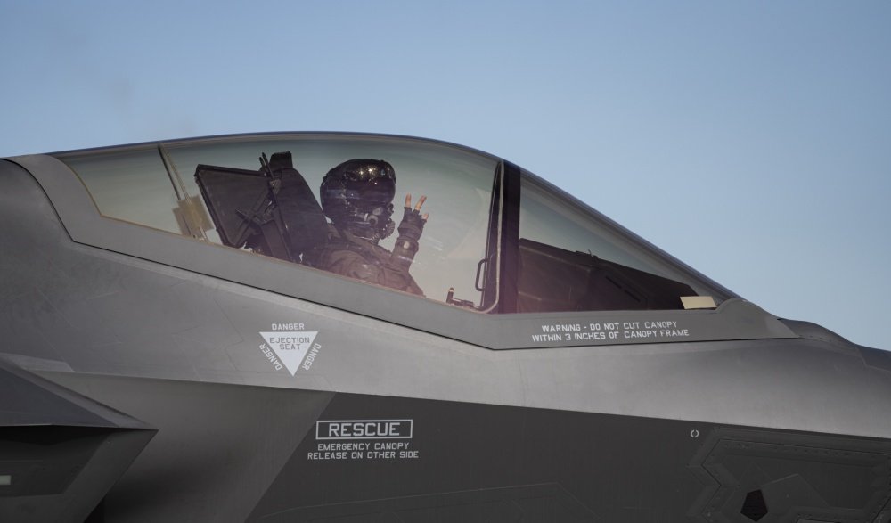 Space Aggressors Red Flag; a US Air Force pilot assigned to the 421st Fighter Squadron, Hill Air Force Base, Utah, inside an F-35A Lightning II fighter jet during Red Flag 20-1 at Nellis AFB, Nevada, Feb. 5, 2020. US Air Force photo by Airman 1st Class Dwane R. Young.