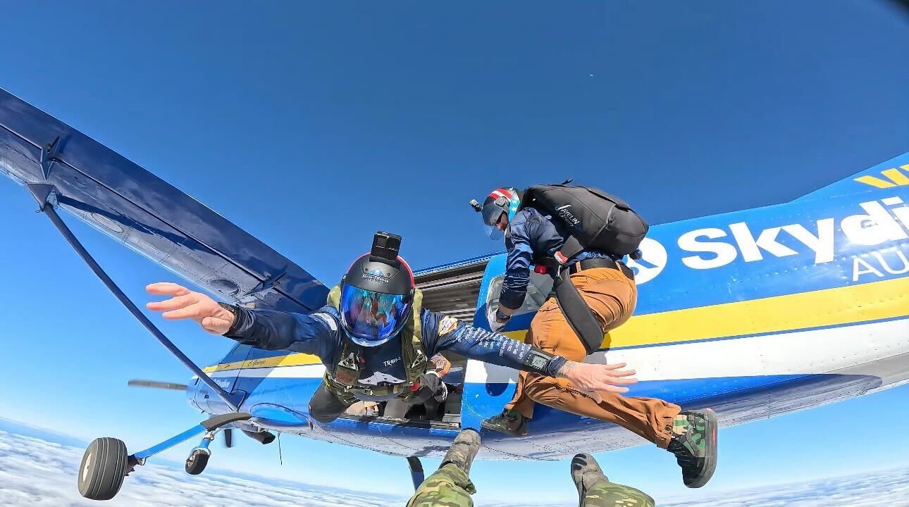 Nine vets complete the last skydive of the Triple 7 Expedition at Skydive Australia on Jan. 16, 2023, Australian Western Standard Time. Photo courtesy of Jariko Denman.