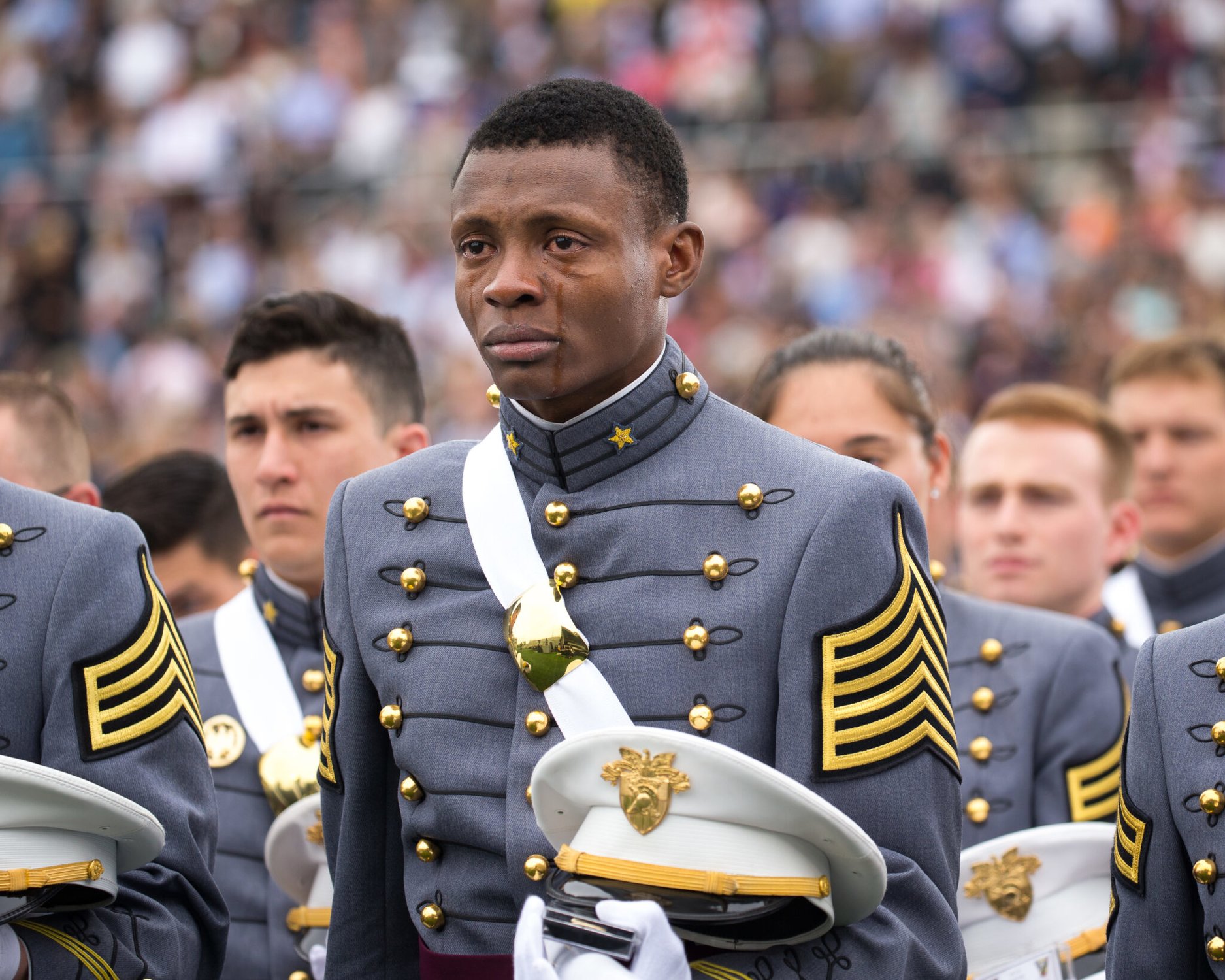 Cadet Alix Idrache sheds tears of joy during the commencement for the US Military Academy’s Class of 2016 at Michie Stadium in West Point. Approximately 78% of the 953 cadets who entered West Point in summer 2012 graduated. The class included 151 women, 77 Hispanics, 71 Asian/Pacific Islanders, 69 African Americans, and 12 Native Americans; and 25 combat veterans, 24 male, one female. US Army photo by Staff Sgt. Vito T. Bryant.