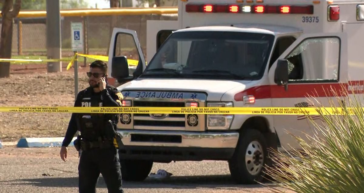 A shattered window where two EMTs were ambushed by a man who shot five in a rampage Sunday in Tucson. Photo courtesy of KOVA video.