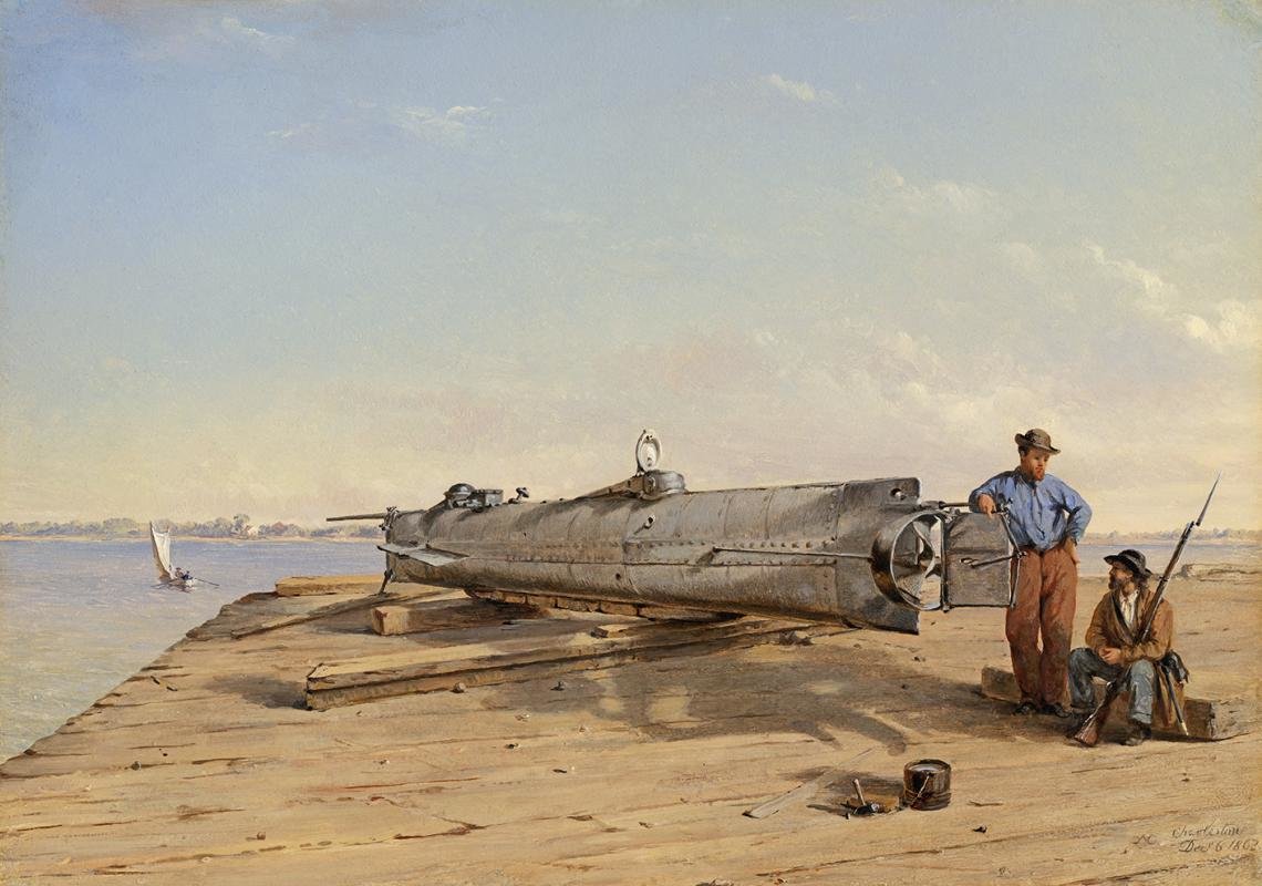 The H.L. Hunley, built to break Union blockades. Photo of the 1863 painting by Conrad W. Chapman, courtesy of the American Civil War Museum.