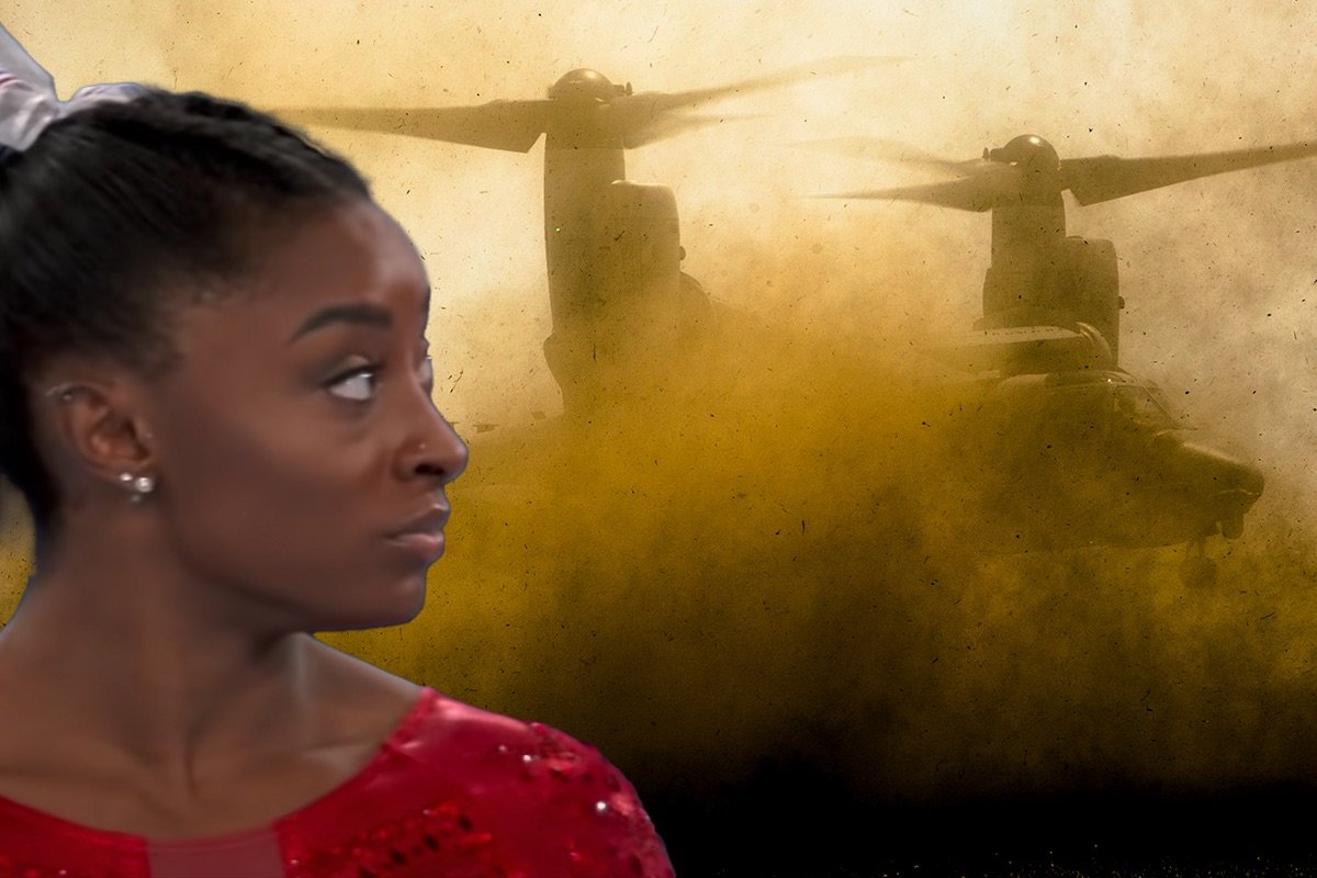 Simone Biles withdrew from several Olympic events after suffering spatial disorientation — a feeling well known and dreaded among pilots. Screenshot from YouTube. Photo courtesy of the US Marine Corps. Composite by Matt White/Coffee or Die Magazine.