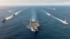 The USS Gerald R. Ford leads a formation strike group exercise in the Atlantic Ocean on Nov. 7, 2022. Photo by the North Atlantic Treaty Organization.