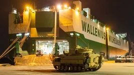 Shortly after midnight on Thursday, Jan. 26, 2023, the roll-on roll-off vehicle cargo vessel Arc Integrity slipped out of South Carolina’s North Charleston harbor, carrying within its hold more than 60 Bradley Fighting Vehicles bound for Ukraine’s front lines. US Transportation Command photo.