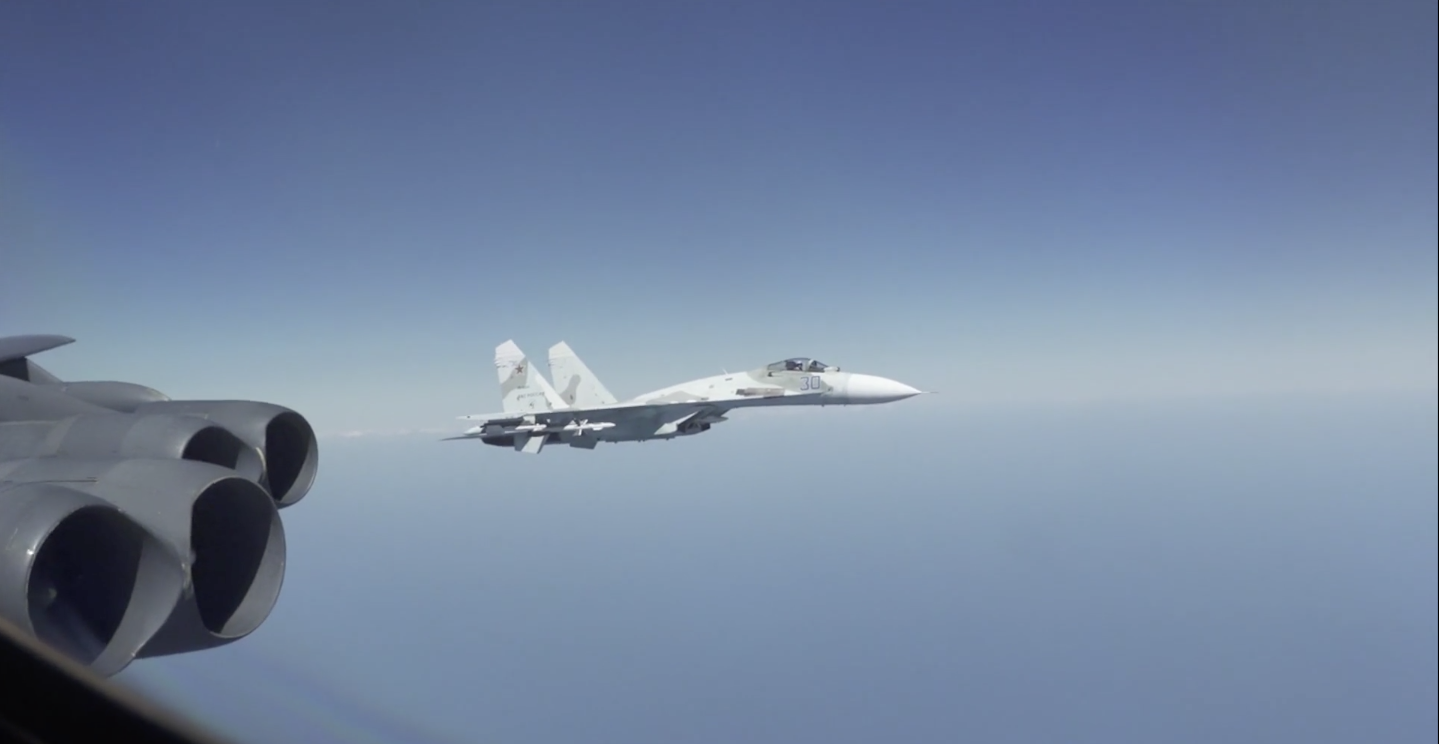 At approximately 11:19 a.m. on Aug. 28, 2020, two Russian Su-27 Flanker pilots intercepted a U.S. Air Force B-52 bomber that was conducting routine operations in the black sea over international waters. US Air Force video screen shot, via DVIDS.