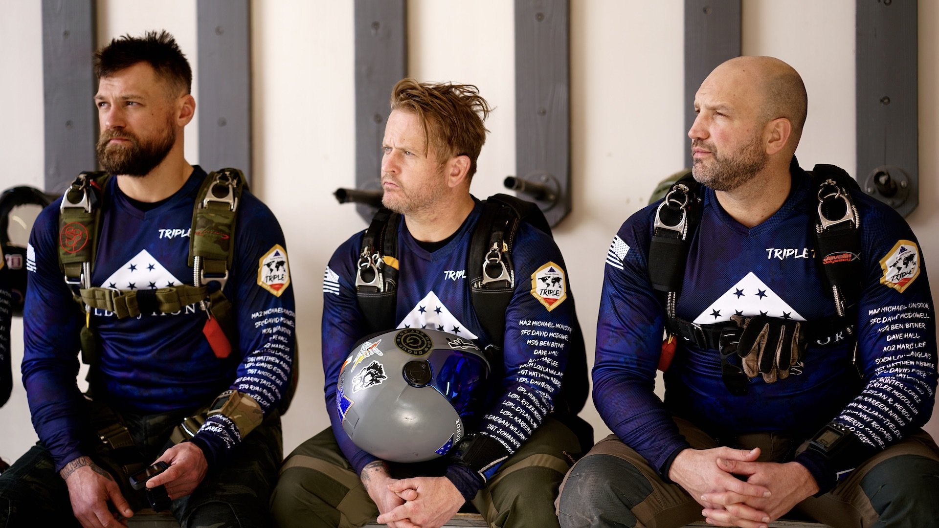 From left to right, Triple 7 team members Logan Stark, Jariko Denman, and Glenn Cowan prepare for a skydive on a training trip from Dec. 5 through 7, 2022, to Complete Parachute Solutions in Coolidge, Arizona. Legacy Expeditions photo.