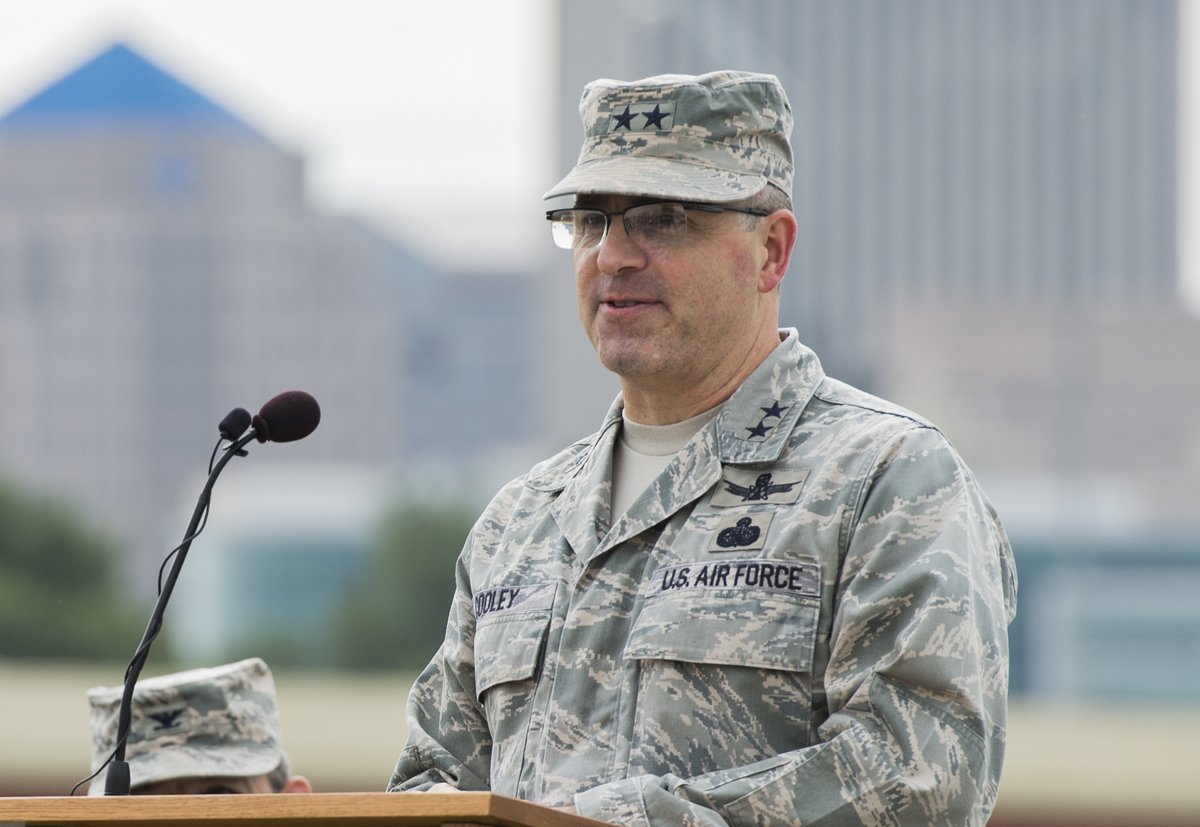 Maj. Gen. William T. Cooley, commander of the Air Force Research Laboratory, Wright-Patterson Air Force Base, Ohio, delivers remarks during the McCook Field Centennial ceremony in Dayton, Ohio, Oct. 6, 2017. US Air Force photo by Wesley Farnsworth.