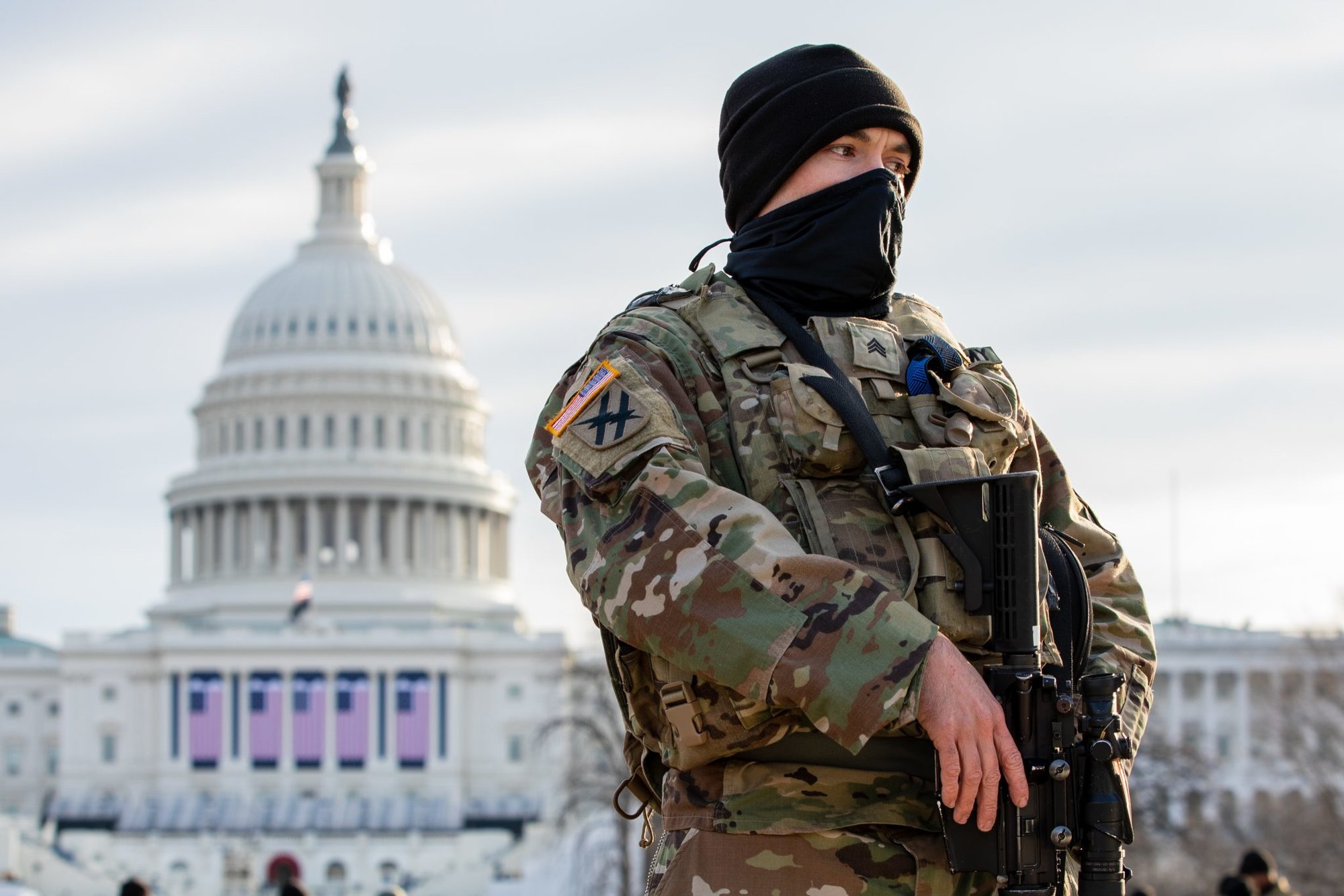 Georgia Army National Guardsmen from various units of the Macon-based 48th Infantry Brigade Combat Team take up security positions to assist the U.S. Capitol Police Department prior to the Presidential Inauguration in Washington D.C., Jan 19, 2021. US Army National Guard photo by Sgt. 1st Class R.J. Lannom Jr.
U.S. Army National Guard photo by Sgt. 1st Class R.J. Lannom Jr.