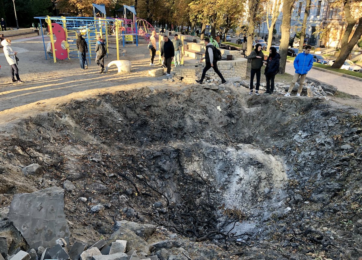 The crater left by a Russian missile after an attack on Kyiv on Oct. 10, 2022. Photo by Nolan Peterson/Coffee or Die.